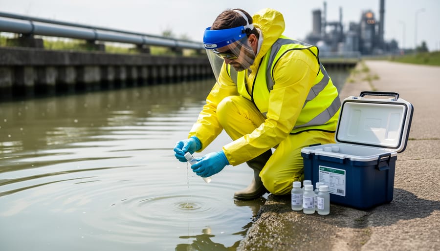 Person wearing protective gloves collecting water sample in glass bottle