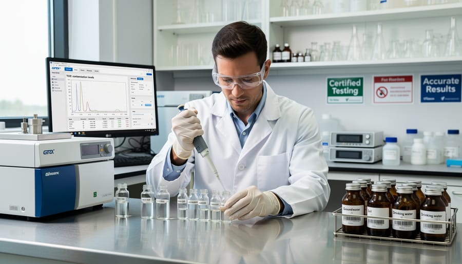 Laboratory professional examining water sample vial for contamination testing