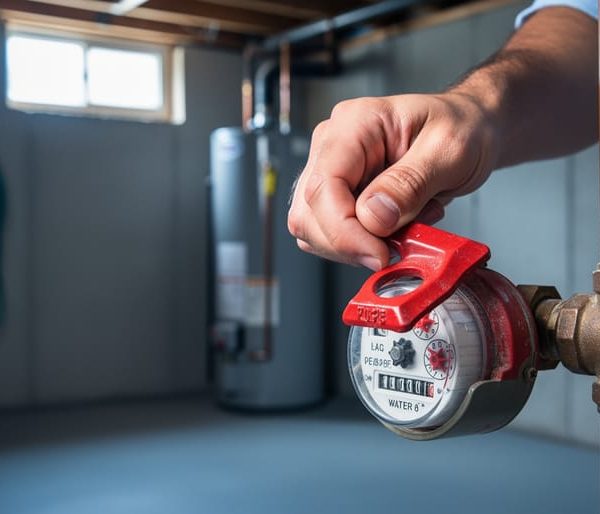 Hand turning a red main water shutoff valve on copper piping next to a water meter in a dim basement, with soft daylight and a blurred water heater and concrete wall in the background