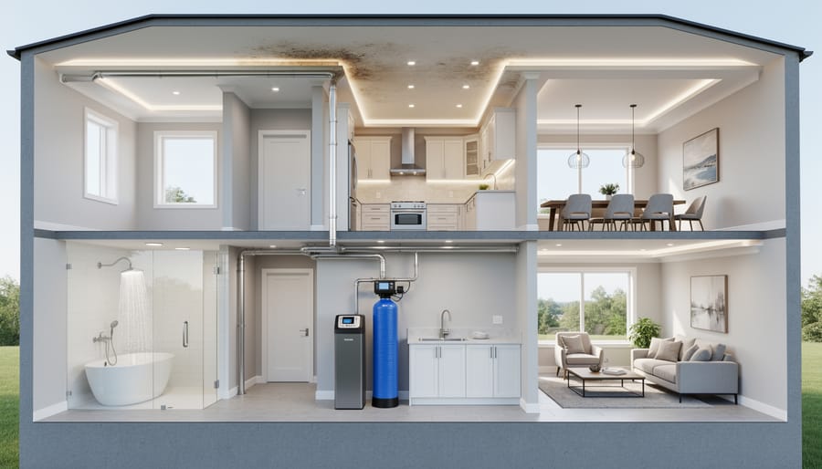 Water softener system installed in basement with copper plumbing connections