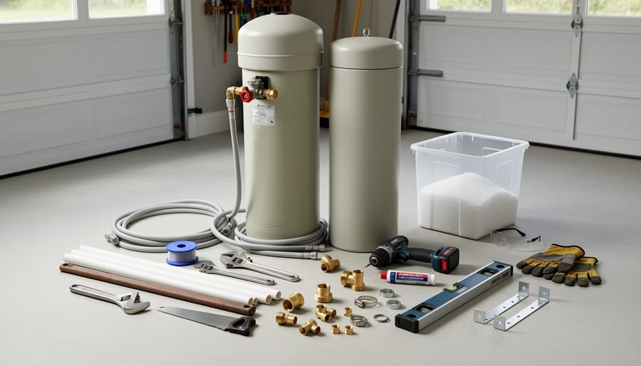Collection of plumbing tools and materials needed for water softener installation