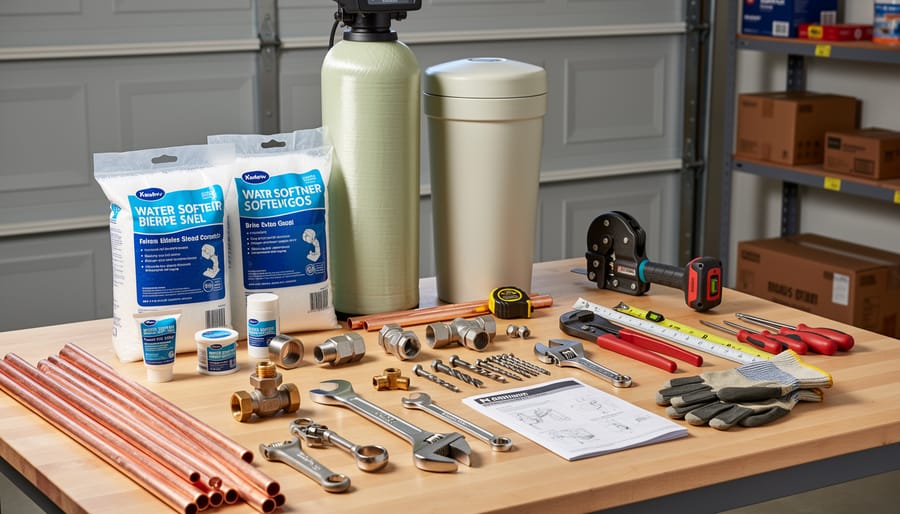 Array of plumbing tools including wrenches, pipe cutters, and fittings laid out on workbench