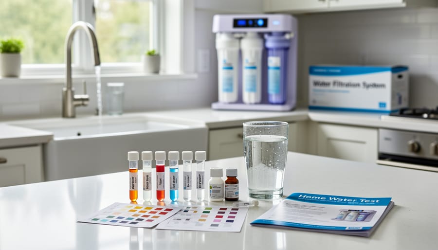 Hands holding water test kit with colored test tubes on countertop
