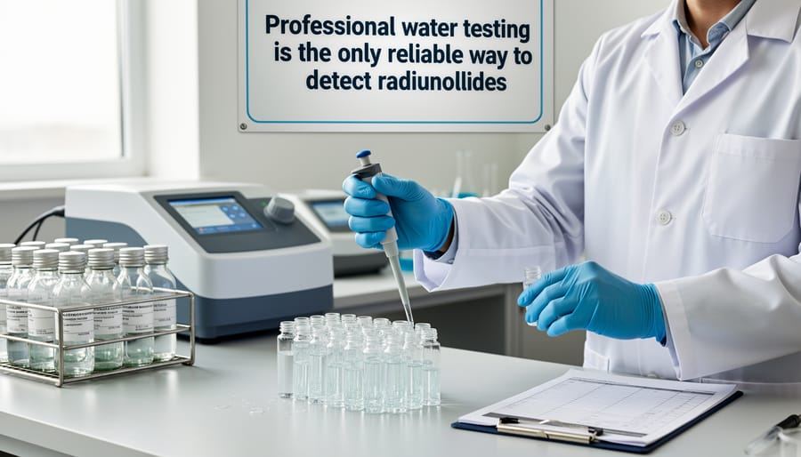 Laboratory professional holding water sample bottle for radionuclide testing