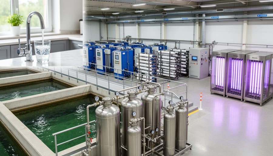 Aerial view of water treatment plant with circular clarification basins and filtration systems