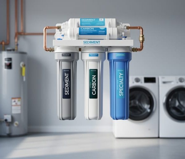 Modern three-stage whole-house water filtration system mounted on a wall in a bright utility room, with water heater, copper pipes, and a stacked washer and dryer softly blurred in the background.