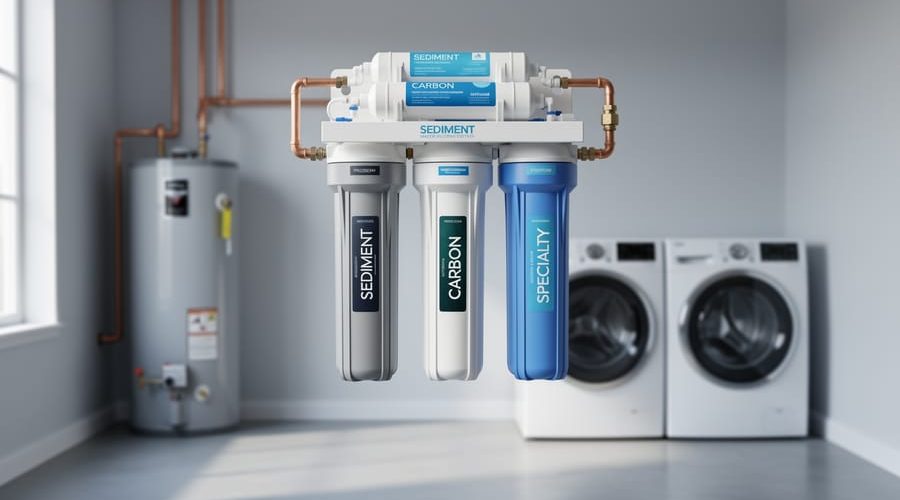Modern three-stage whole-house water filtration system mounted on a wall in a bright utility room, with water heater, copper pipes, and a stacked washer and dryer softly blurred in the background.