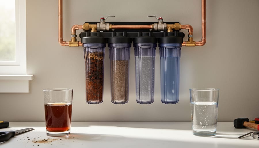 Whole-house water filtration system installed on basement wall with sediment filters