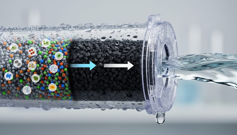 Close-up cross-section of activated carbon water filter showing granular structure
