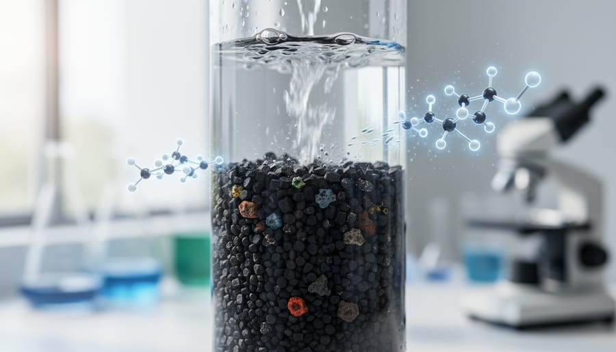 Close-up of granular activated carbon filter media with water droplets