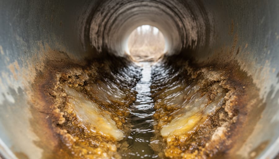Cross-section of copper water pipe showing interior mineral deposits and aging