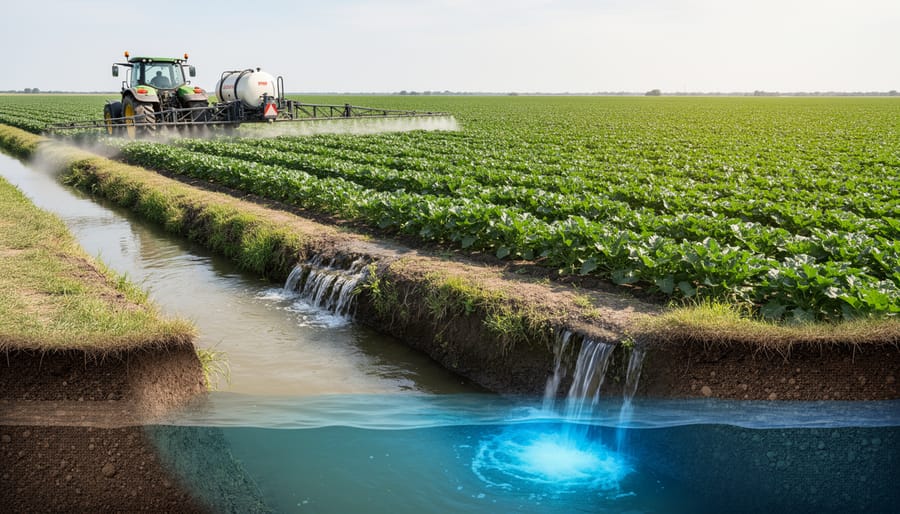 Aerial view of irrigated farmland showing agricultural water use and potential runoff sources