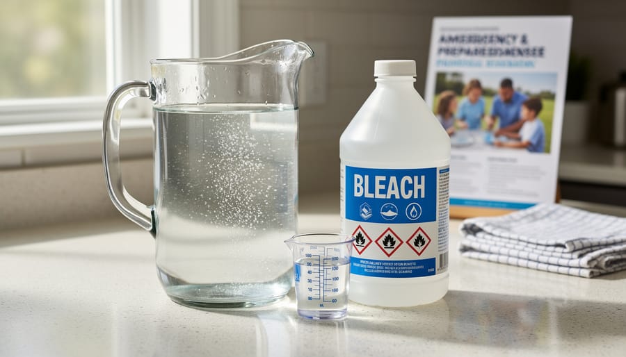 Eyedropper adding bleach to jar of water for emergency purification