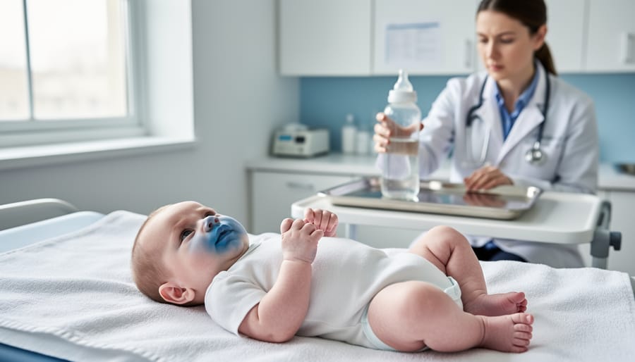 Newborn infant showing symptoms of methemoglobinemia or blue baby syndrome