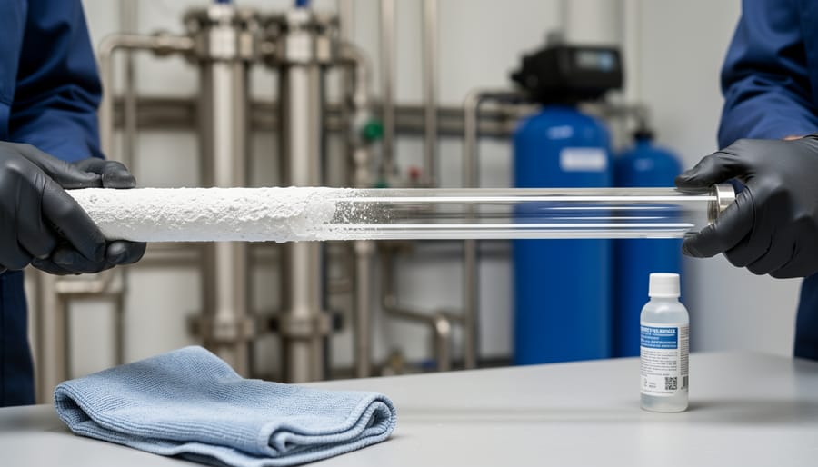 Hands in gloves cleaning quartz sleeve of UV-C water system with cloth