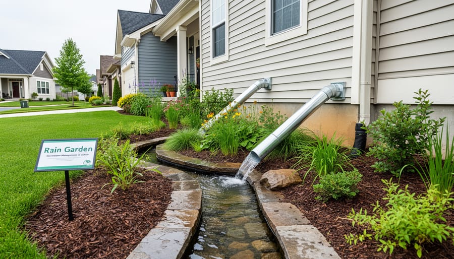 Residential downspout redirected to rain garden with native plants and stones
