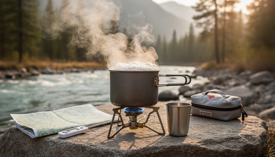 Close-up of water boiling vigorously in pot over camping stove