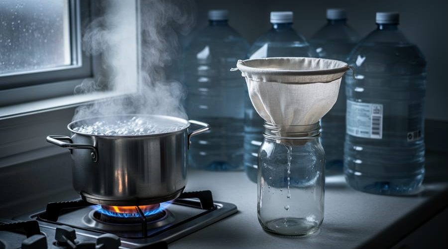 Pot of water boiling on a portable camping stove beside a cloth-covered jar used as a filter, with clear unlabeled water jugs and a rain-dark window softly blurred in the background.
