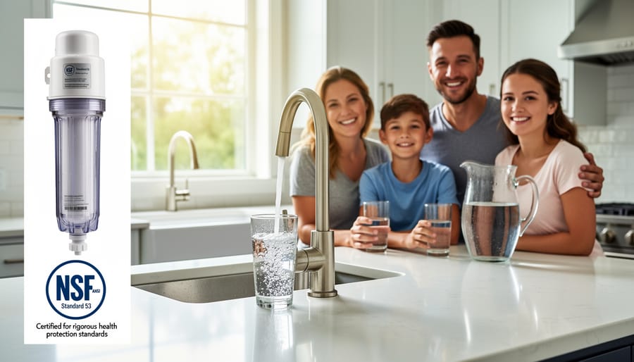 Family in kitchen using filtered water pitcher to pour drinking water