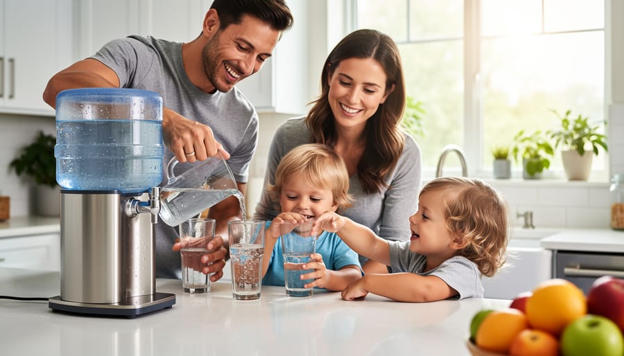 Mother filling glass with filtered water in modern kitchen with child nearby