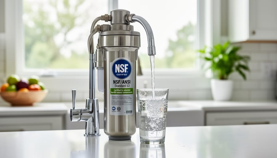 Clear glass being filled with filtered water from kitchen faucet