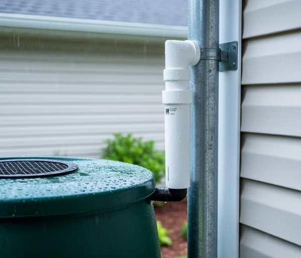 Close-up of a PVC first-flush diverter on a home downspout directing rain into a screened green rain barrel during light rain, with house siding and garden softly blurred behind.