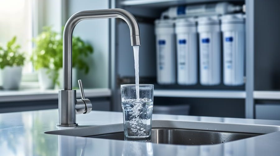 Close-up of a reverse osmosis faucet pouring clear water into a glass at a stainless kitchen sink, with blurred under-sink filter canisters and soft daylight in the background