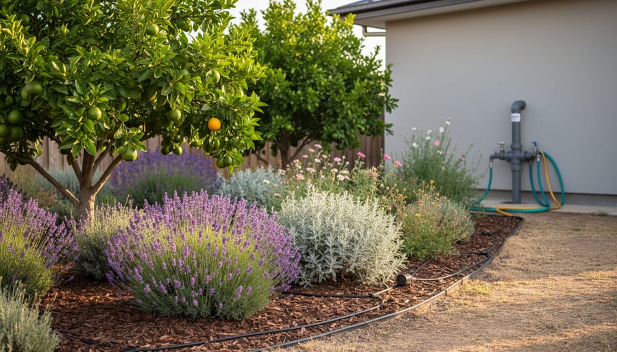 Healthy garden with lavender, citrus trees, and native plants irrigated by greywater system