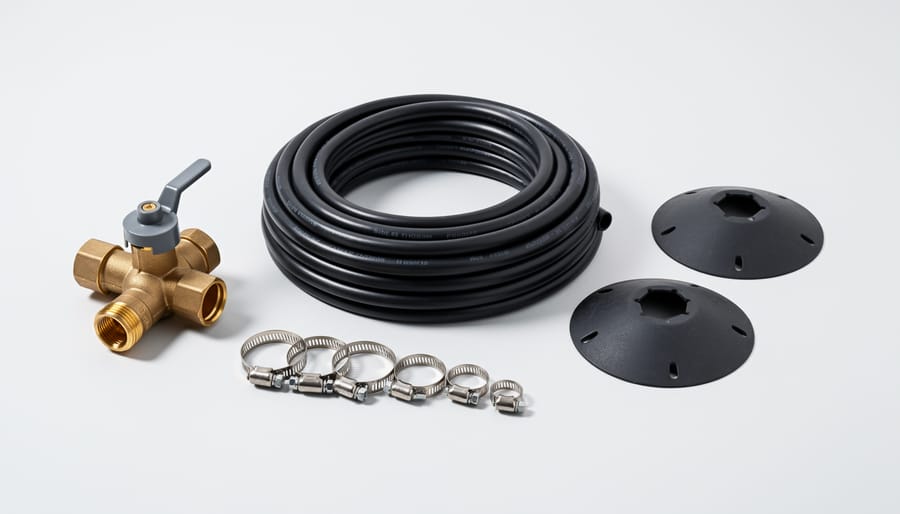 Overhead view of laundry greywater system components including tubing, valve, and fittings on workbench