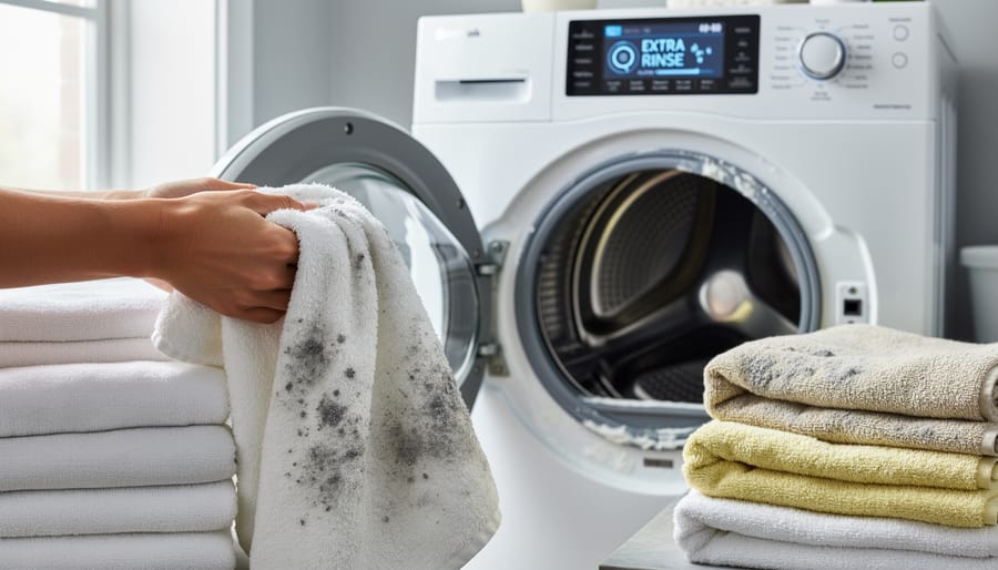 Close-up of fabric showing mineral deposits and hard water stains
