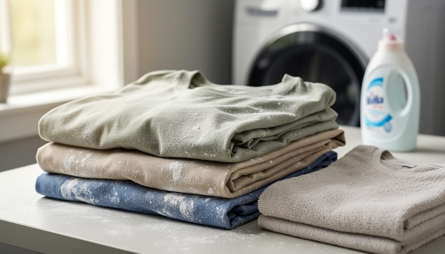 Close-up of fabric showing white mineral deposits and residue from hard water