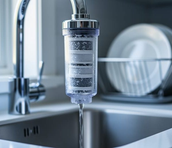 Close-up of a chrome kitchen faucet with a transparent filter housing showing white mineral deposits, water trickling, and a blurred modern sink and dish rack in the background.