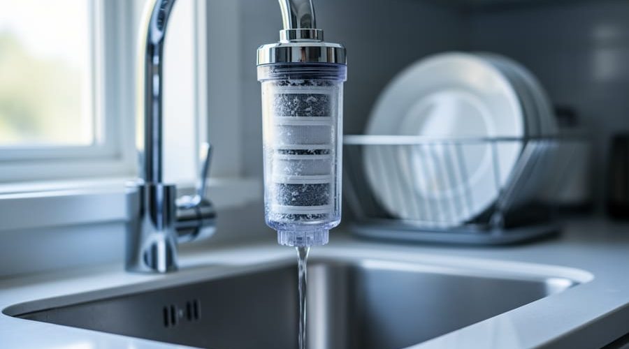 Close-up of a chrome kitchen faucet with a transparent filter housing showing white mineral deposits, water trickling, and a blurred modern sink and dish rack in the background.