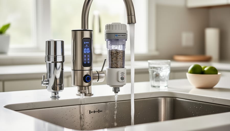 Three different faucet-mounted water filters displaying various designs and features