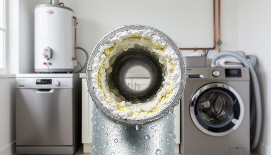 Close-up of mineral scale deposits and calcium buildup inside water pipe