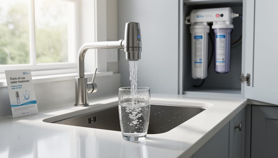 Modern under-sink water filtration system installed in home kitchen cabinet