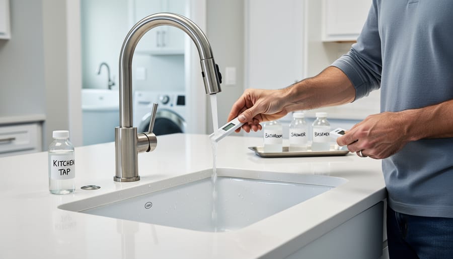 Homeowner conducting water quality test at bathroom faucet using test kit