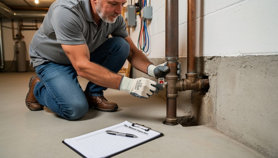 Homeowner inspecting water service line pipe in basement with magnifying glass