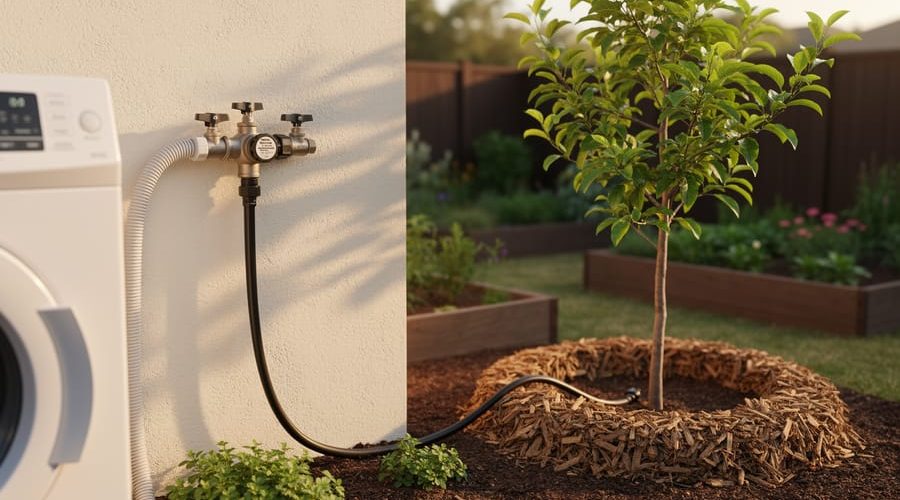 Exterior house scene showing a washing machine drain hose connected to a three-way diverter valve and black irrigation tubing delivering water to a mulch basin under a young fruit tree, photographed at a 45-degree angle in warm late-afternoon light.