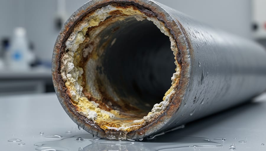 Close-up of corroded lead pipe interior showing mineral deposits and deterioration