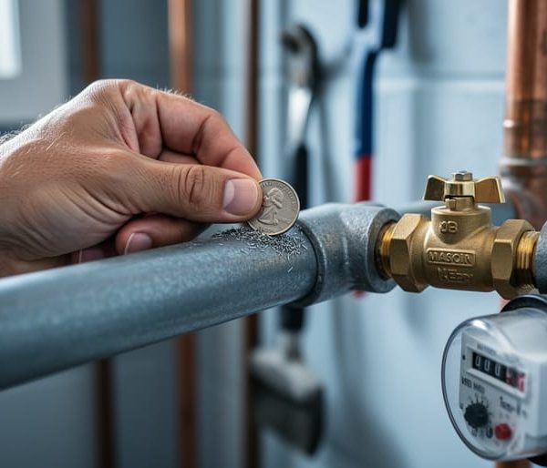 Hand using a coin to scratch a dull gray water service line next to a brass shutoff valve and water meter in a basement, with the contact point in sharp focus and background pipes softly blurred.