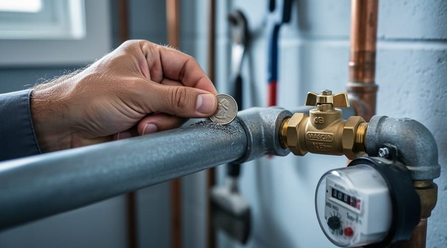 Hand using a coin to scratch a dull gray water service line next to a brass shutoff valve and water meter in a basement, with the contact point in sharp focus and background pipes softly blurred.