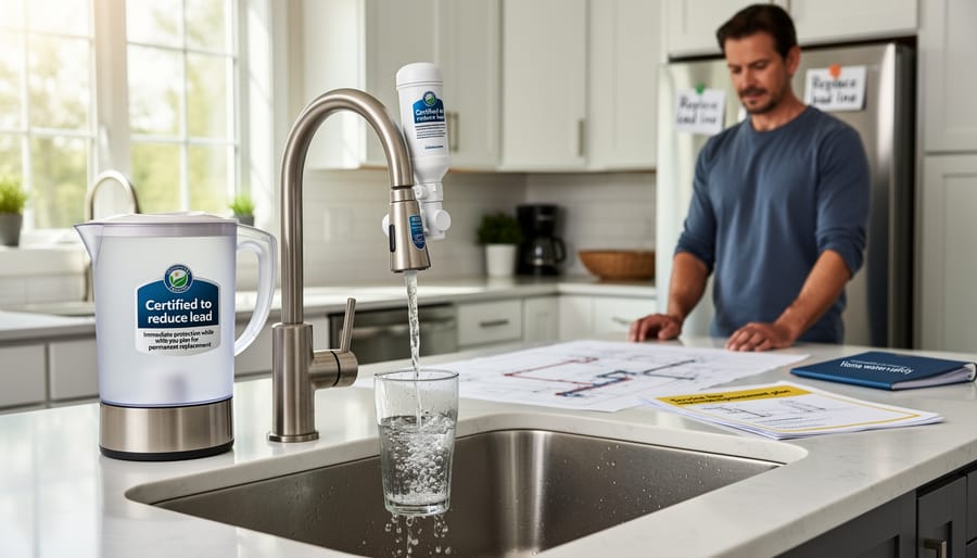 Water filter pitcher pouring filtered drinking water into glass on kitchen counter