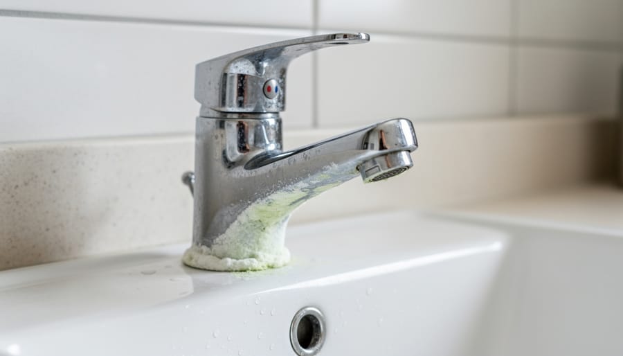 Close-up of white limescale deposits around chrome bathroom faucet showing hard water buildup