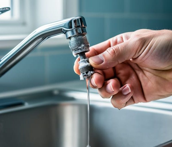Close-up of a hand unscrewing a mineral-clogged aerator from a chrome kitchen faucet with a thin trickle of water, blurred backsplash and sink in the background.
