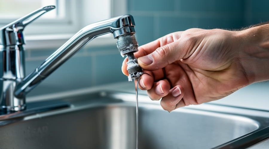 Close-up of a hand unscrewing a mineral-clogged aerator from a chrome kitchen faucet with a thin trickle of water, blurred backsplash and sink in the background.