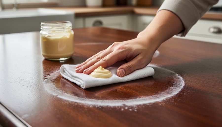 Hand applying mayonnaise to white water mark on wood table with cloth