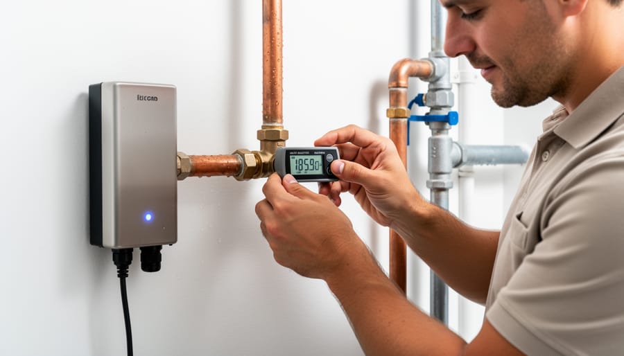 Homeowner measuring water flow rate with gauge in basement utility room