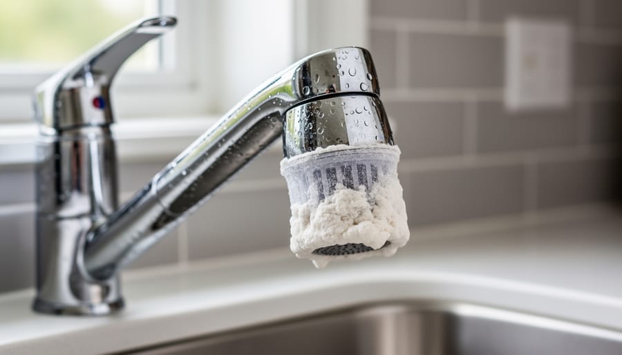 Close-up of faucet water filter with visible white mineral deposits and calcium buildup