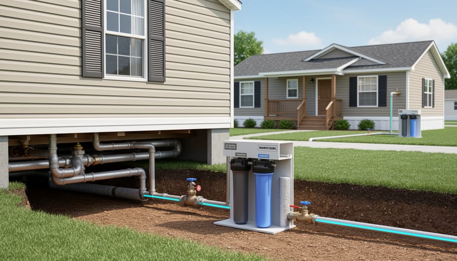 Exterior view of mobile home showing utility connections and skirting